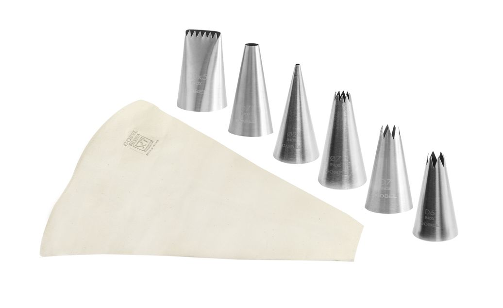 GOBEL Rounded box set of 6 st/st icing tips + cotton piping bag 300 mm